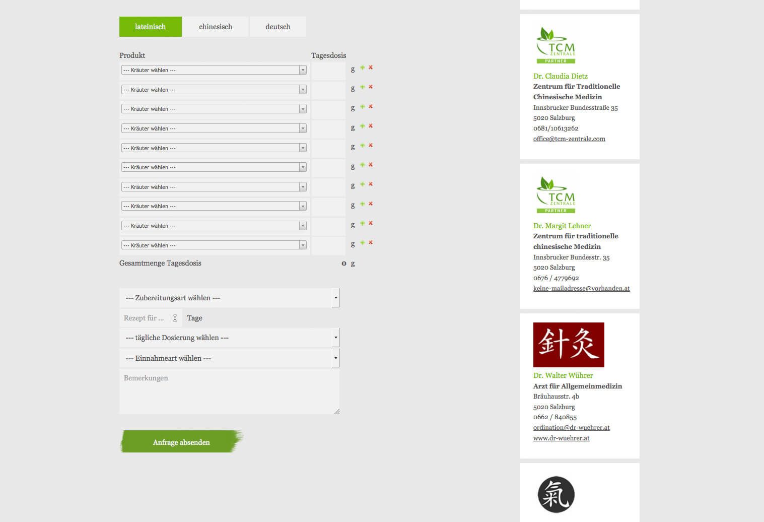 Bestellmodul für TCM-Kräuter in 3 Sprachen (lateinisch / chinesisch / deutsch)